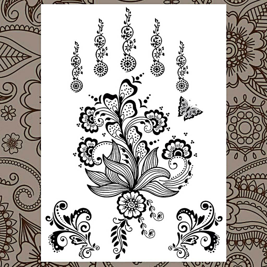 Butterfly Floral Hand Black Henna Temporary Tattoo Set