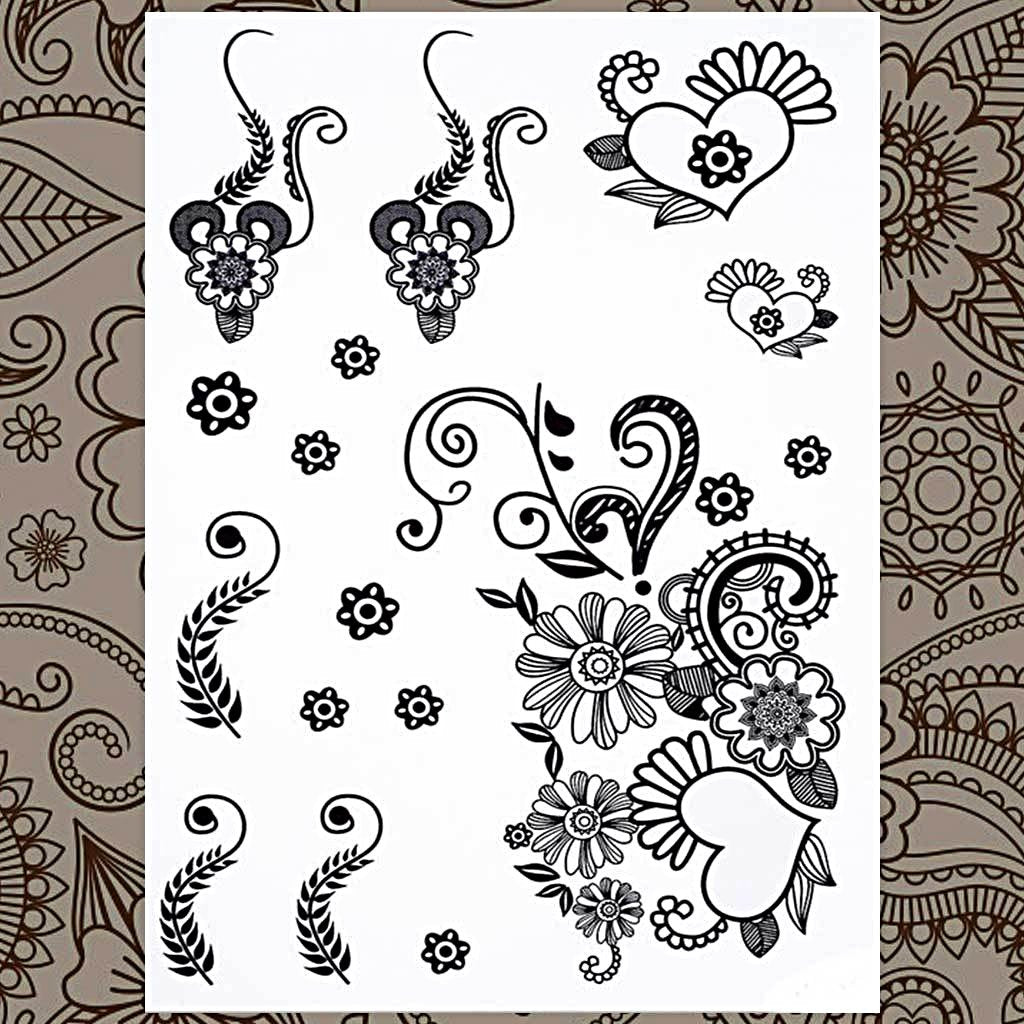 Hearts Flowers Black Henna Temporary Tattoo Set