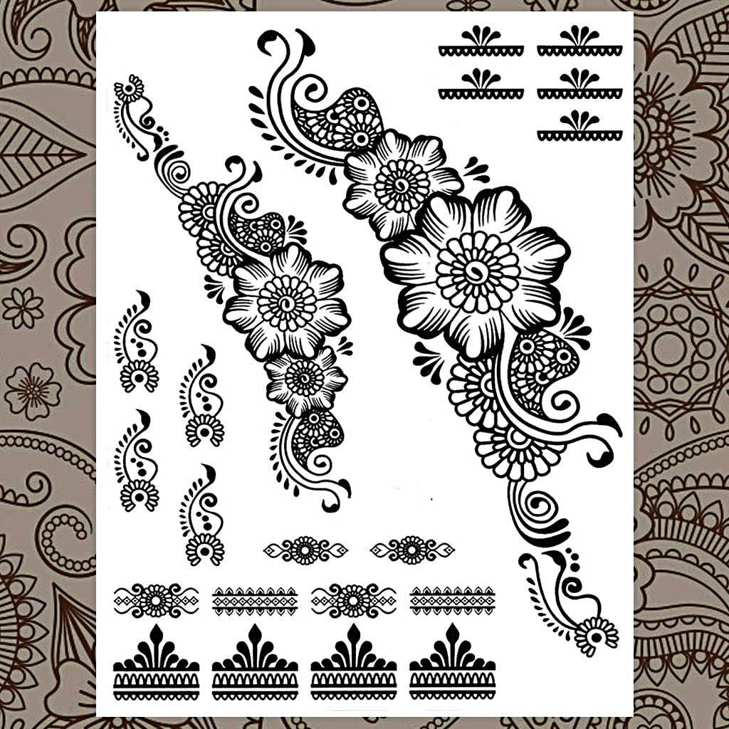 Begonia Flower Black Henna Temporary Tattoo Set Hand