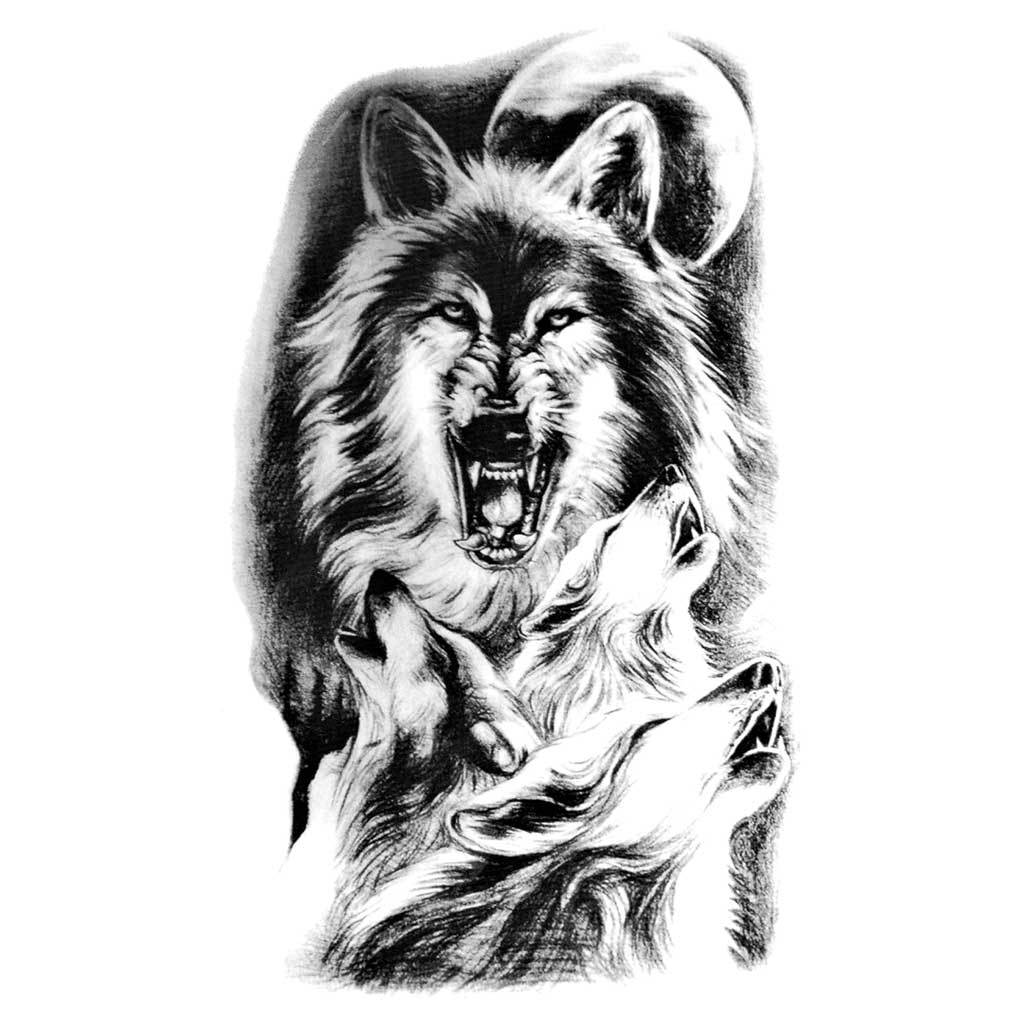 Howling Wolves Wolf Moon Black Temporary Tattoo