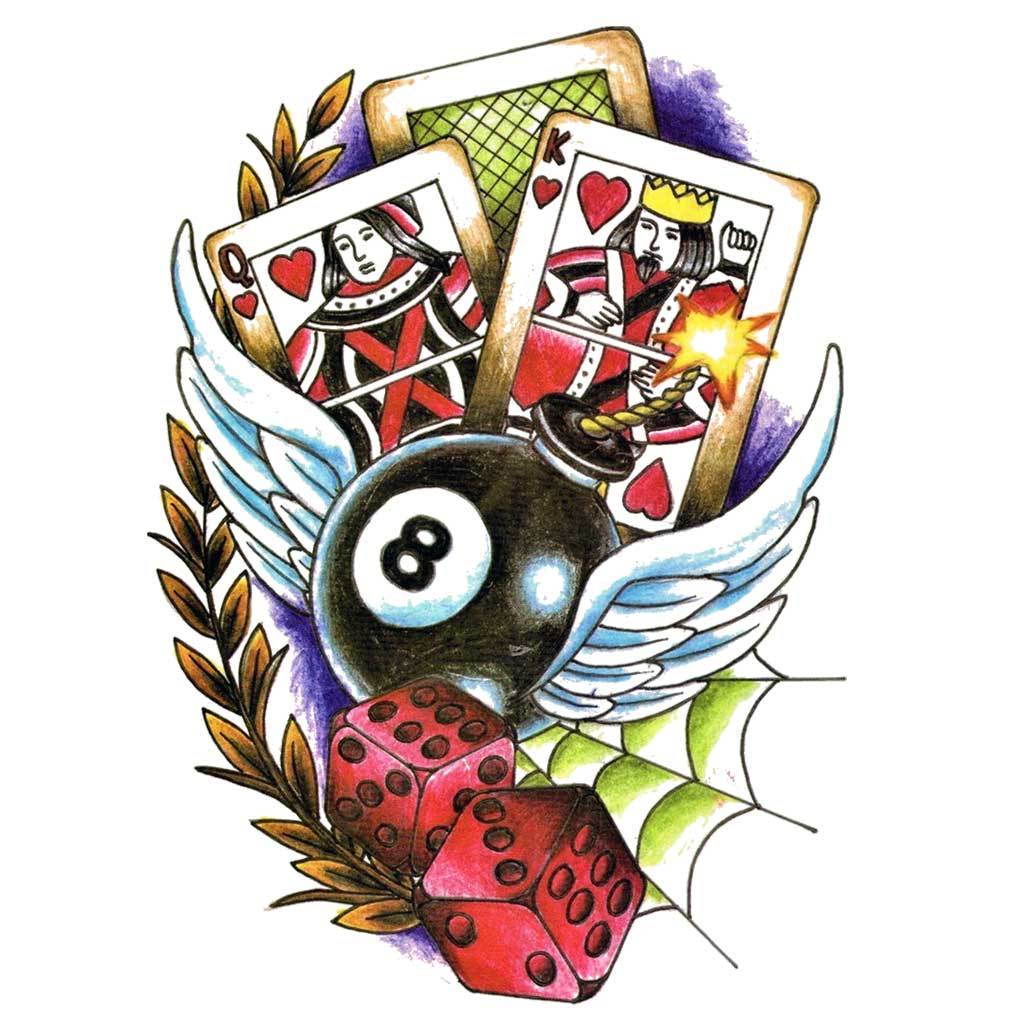 Lucky 8 Ball Dice Spider Web Playing Cards Temporary Tattoo
