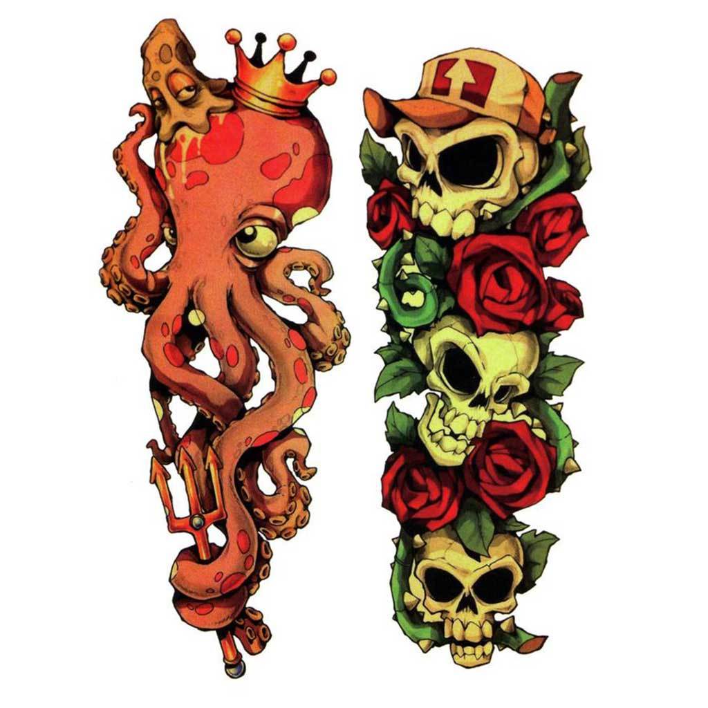 King Octopus/Trucker Skulls &amp; Roses Temporary Tattoo Set