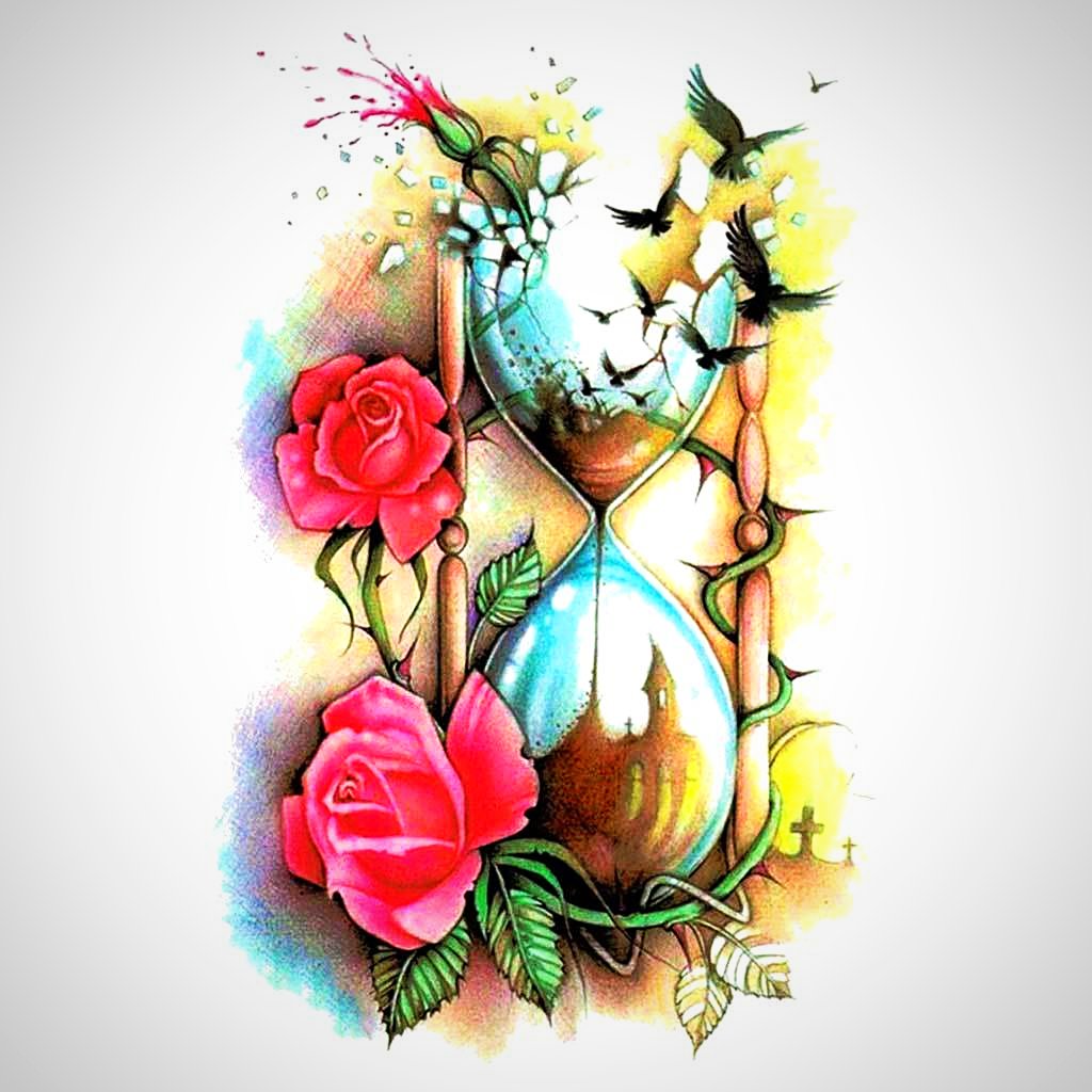 Broken Hourglass &amp; Roses Temporary Tattoo