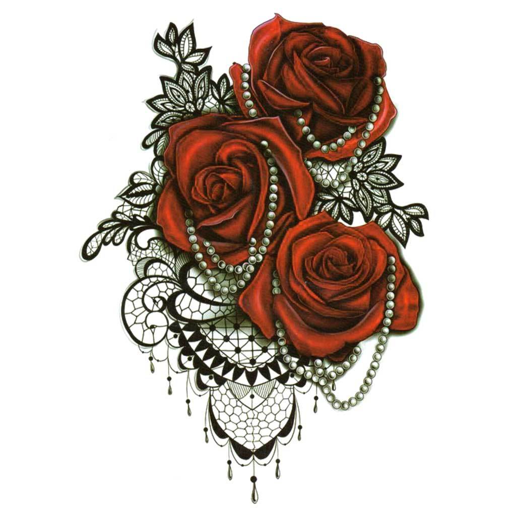 Red Roses Lace &amp; Pearls Temporary Tattoo