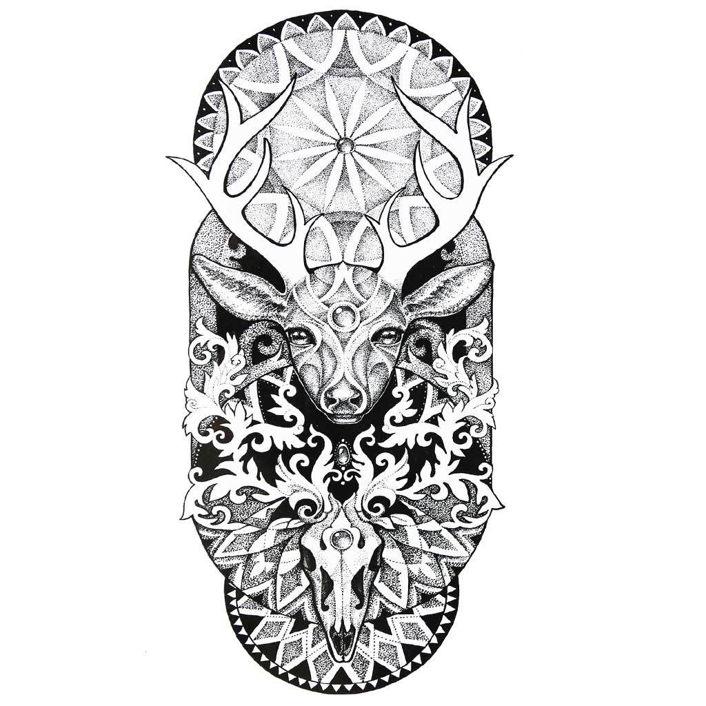 Deer Mandala Dotwork Temporary Tattoo