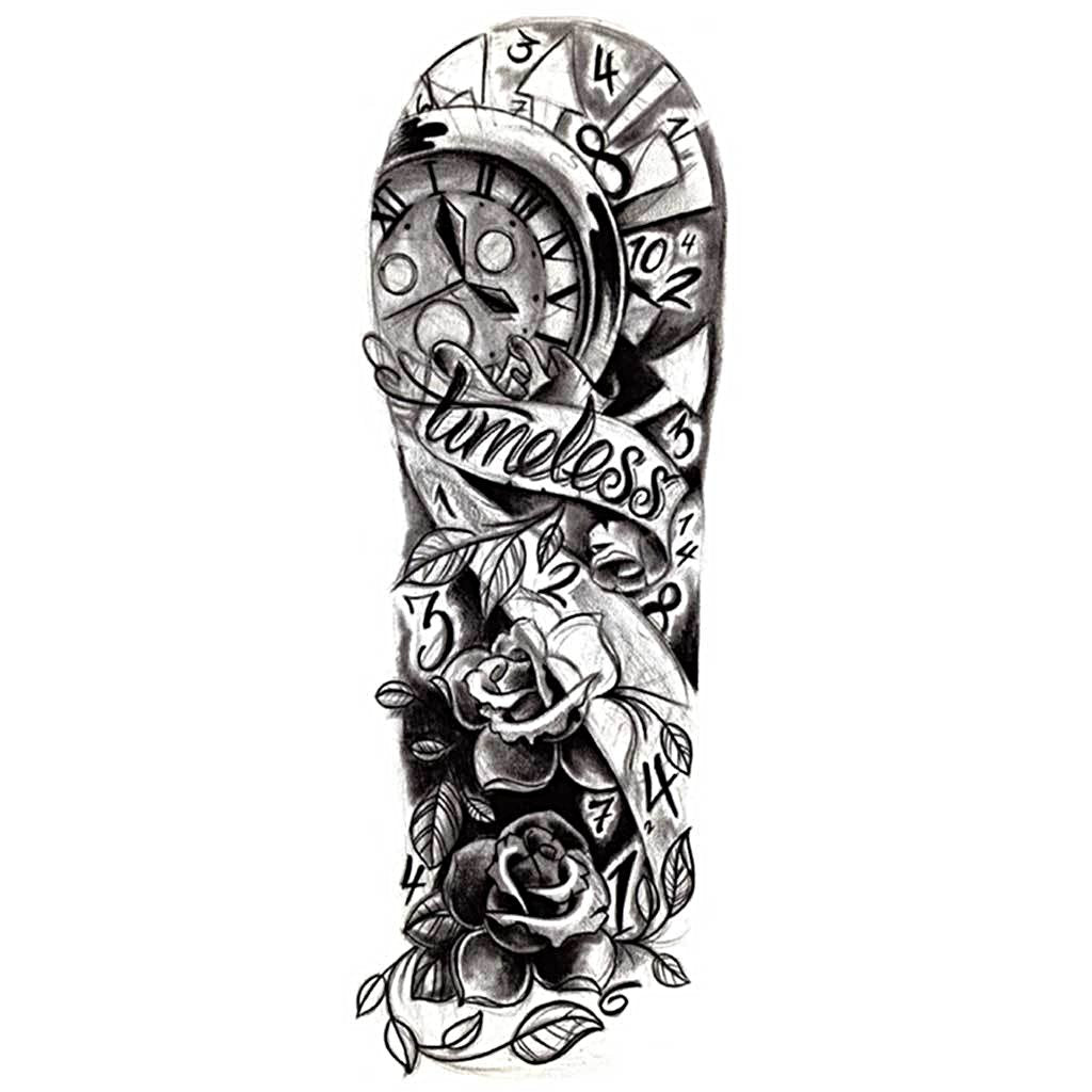 Timeless Black Traditional Old School Clock Roses Temporary Tattoo Sleeve