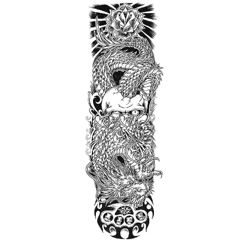 Chinese Dragon Skull Life Rose Temporary Tattoo Sleeve