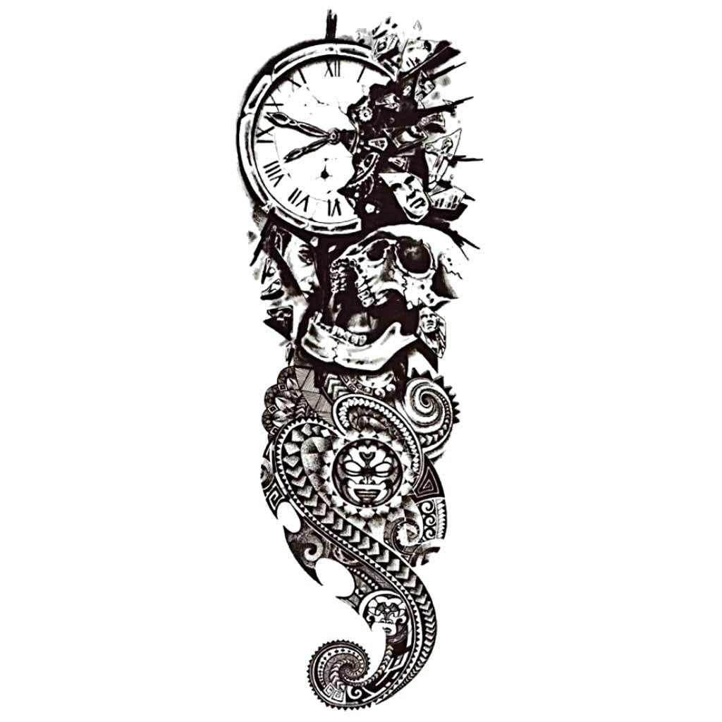 Polynesian Death Skull Tribal Temporary Tattoo Sleeve