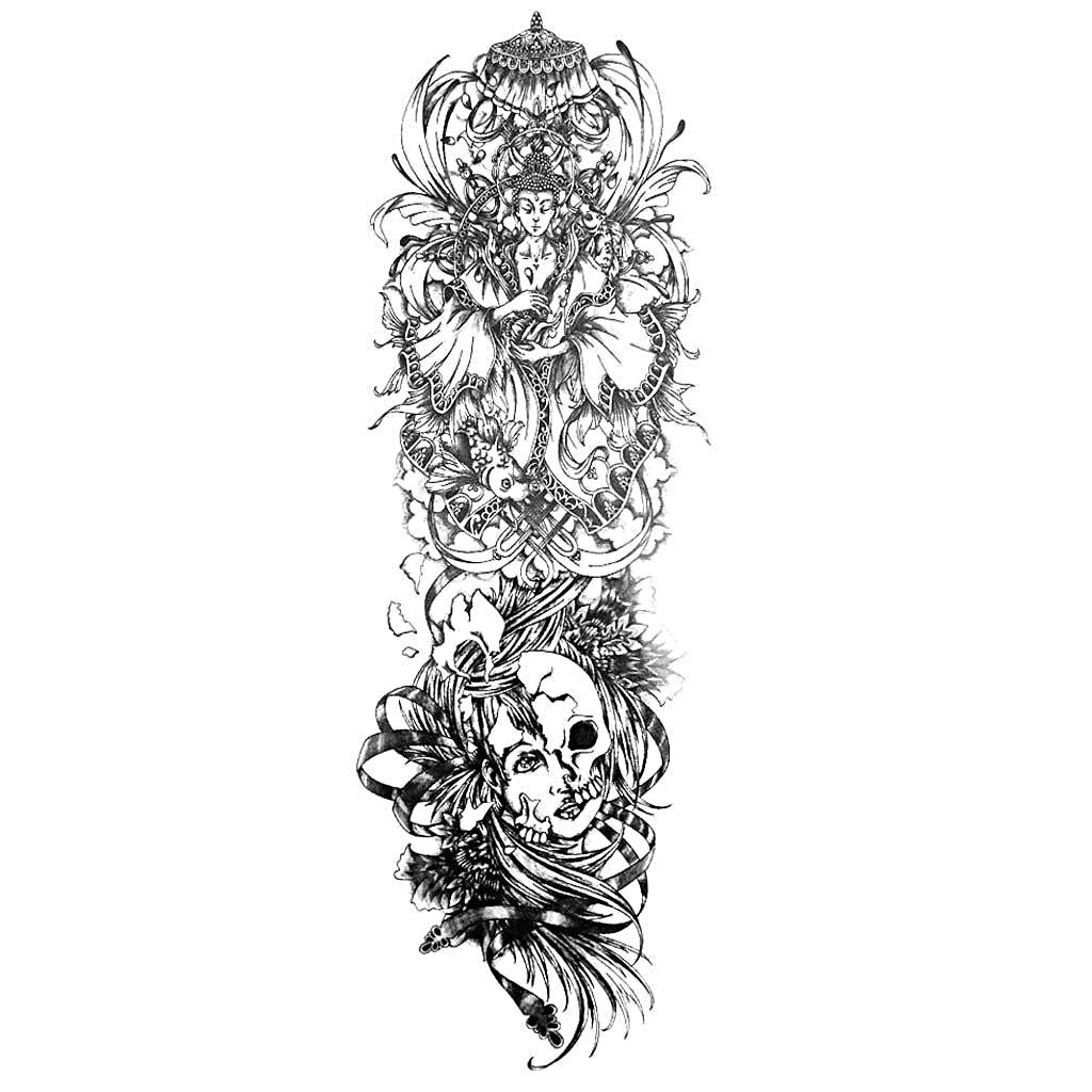 Buddhist Faith Buddha Skull Flowers Temporary Tattoo Sleeve