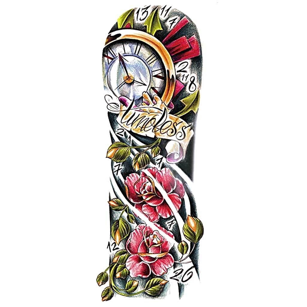 Timeless Colour Traditional Old School Clock Roses Temporary Tattoo Sleeve