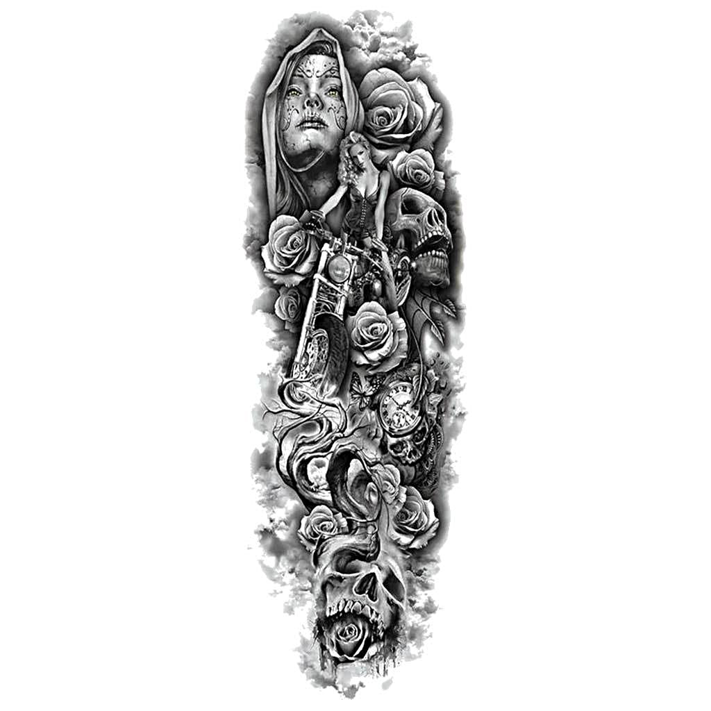Santa Muerte Biker Skulls 3D Temporary Tattoo Sleeve