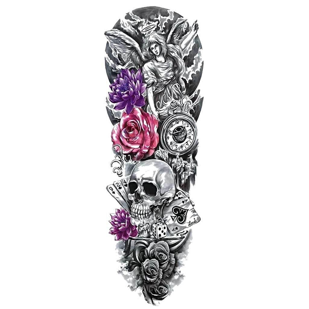 Playing with Death Skull Flowers Angel Temporary Tattoo Sleeve