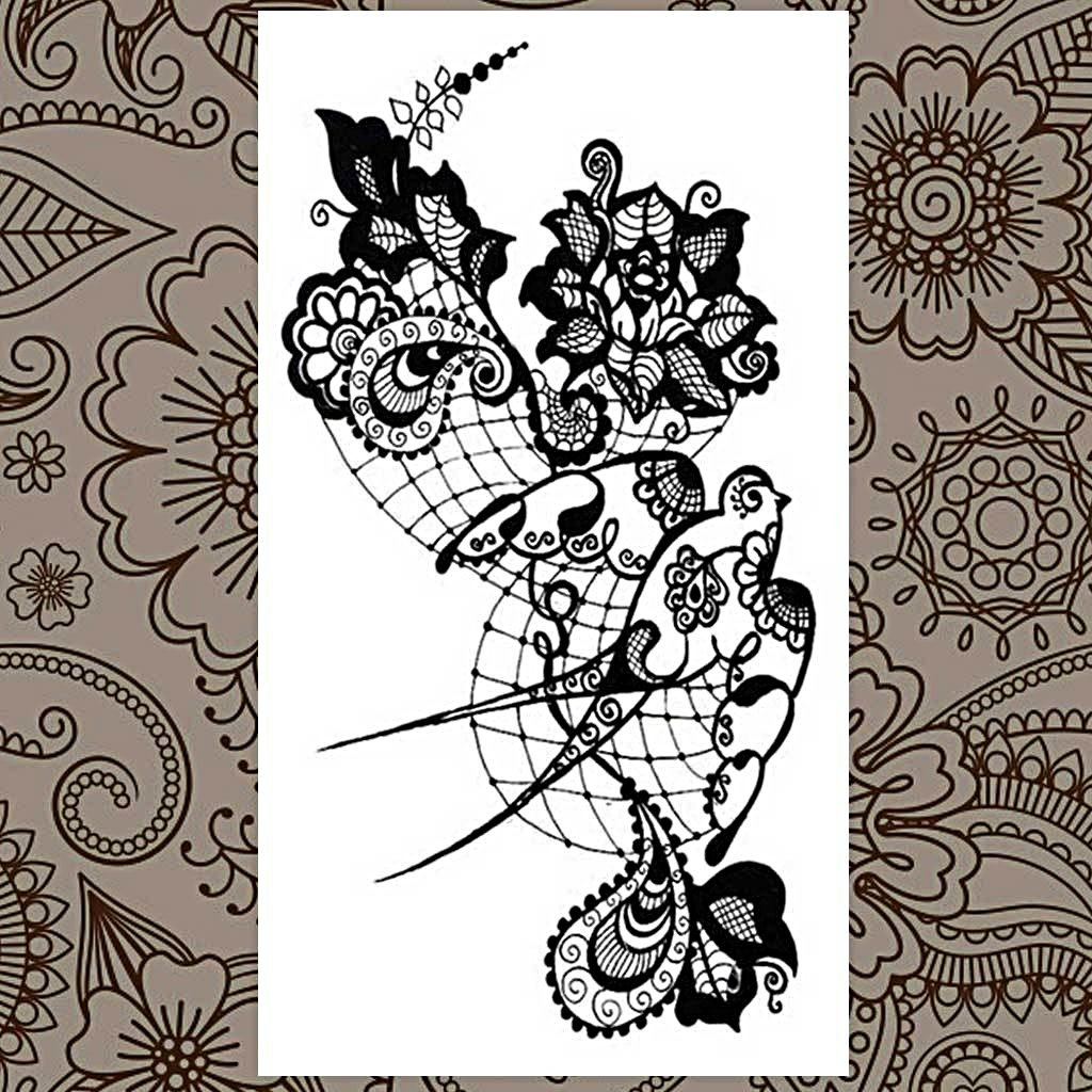 Swallow &amp; Floral Lace Bird Black Henna Temporary Tattoo