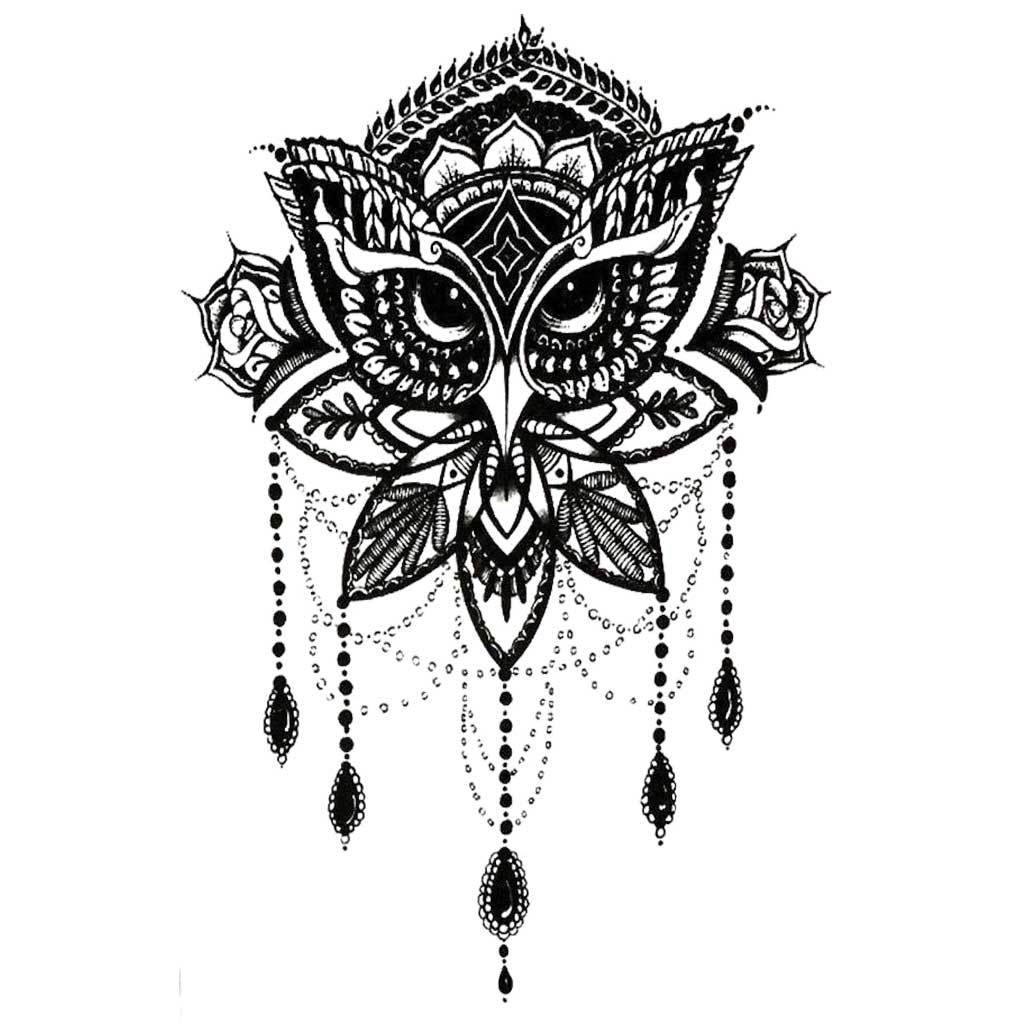 Owl Lotus Mandala Temporary Tattoo